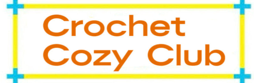 Crochet Cozy Club logo banner for handmade crochet doll clothes section in orange on white