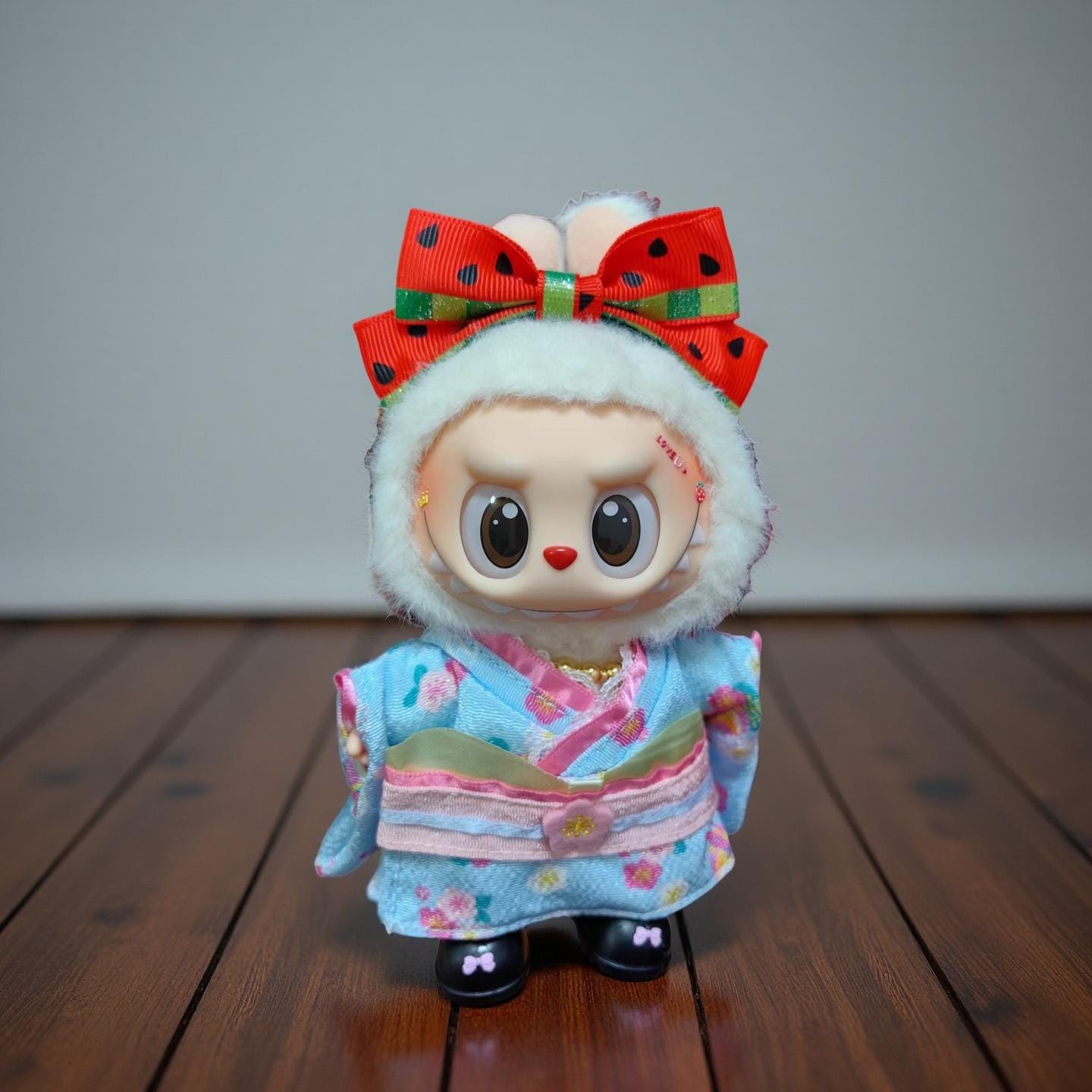 Watermelon Doll Outfit for 17cm Dolls – Summer Overalls & Bow Headband Set | Cute Fruit Clothes for Labubu