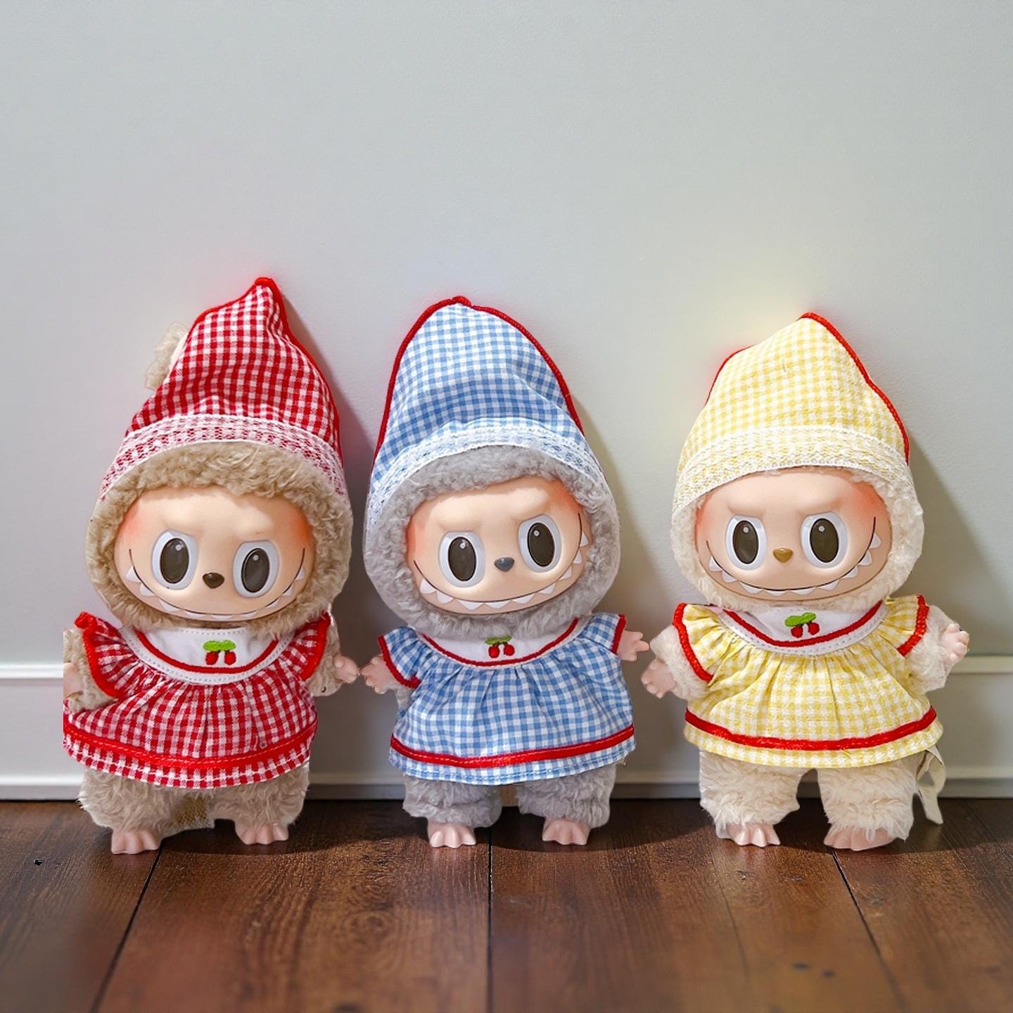 Little Red Riding Hood Style Dress Set for 17cm Labubu – Gingham Hood & Dress Outfit | Fairy Tale Doll Clothes OB11 / Plush Fit
