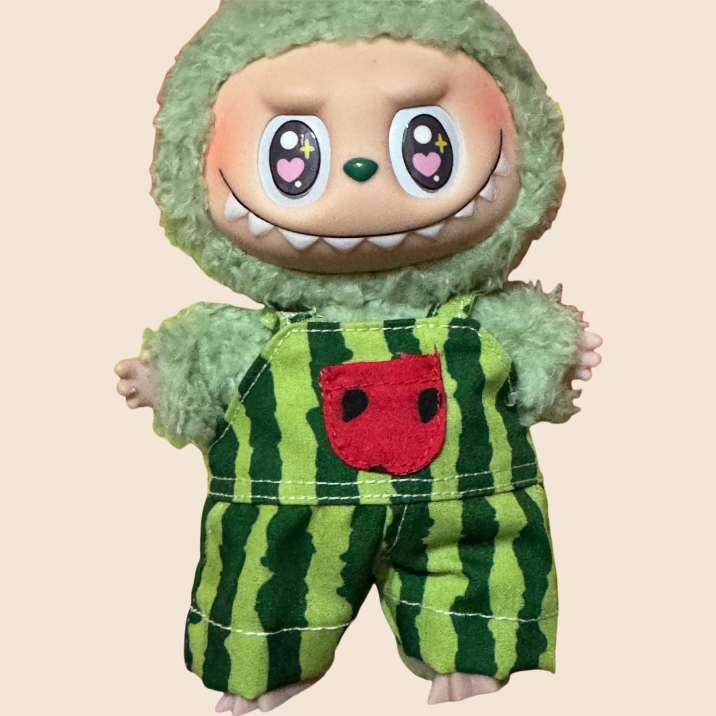 Watermelon Doll Outfit for 17cm Dolls – Summer Overalls & Bow Headband Set | Cute Fruit Clothes for Labubu