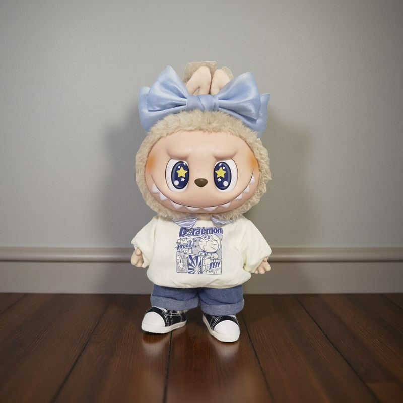 Big blue bow headband for Labubu dolls – cute plush doll accessory for styling and decoration, shown on Labubu figure with casual outfit