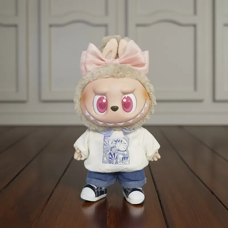 Labubu plush doll wearing a big pink bow headband – a charming accessory for 17cm and 38cm dolls, perfect for styling or gifting.