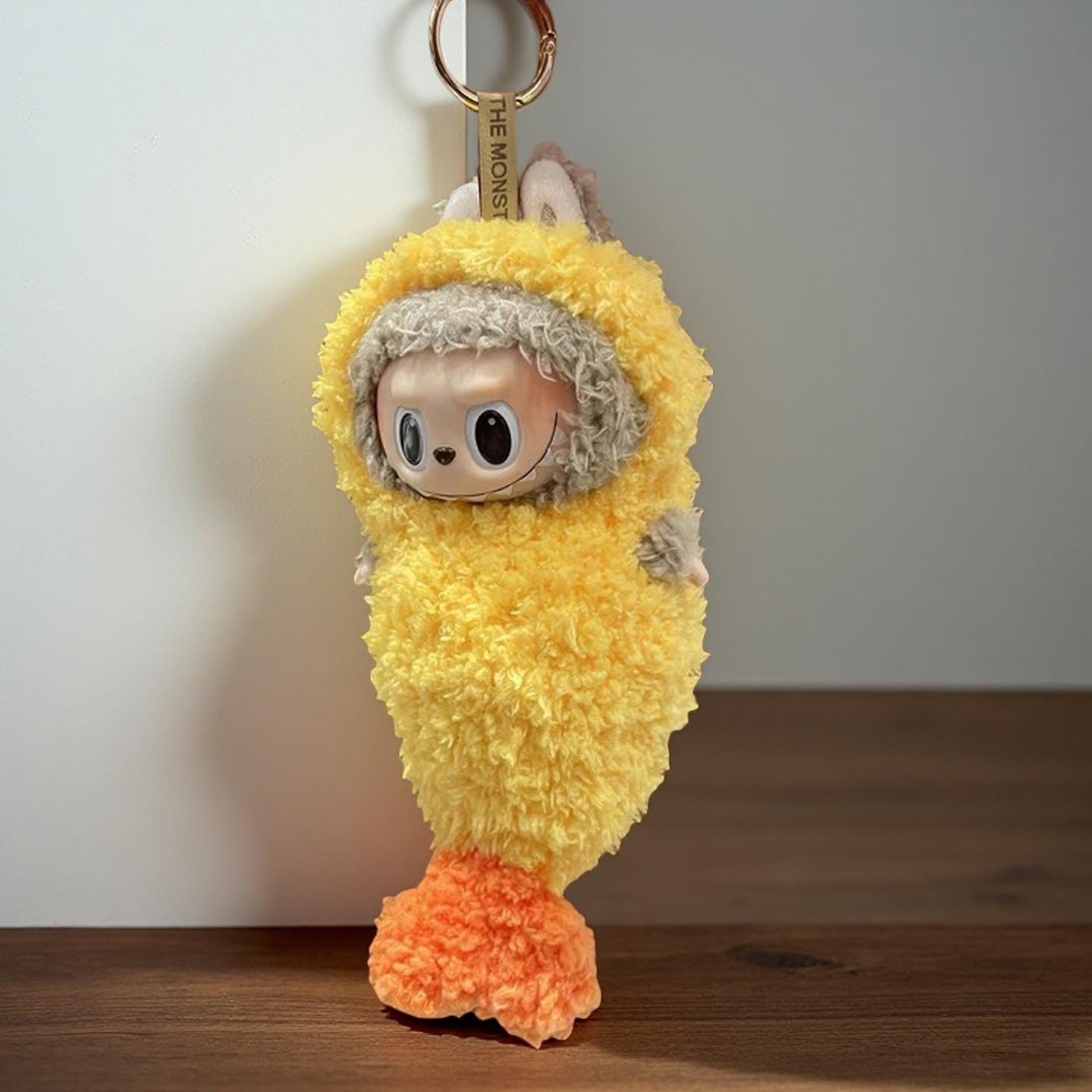 Pop Mart Labubu 17cm doll wearing handmade fried shrimp costume with fluffy yellow and orange texture. Japanese food cosplay style. Doll not included.