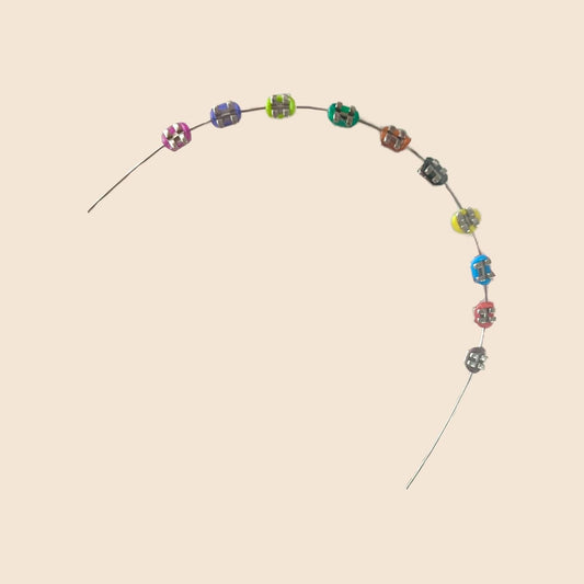 Colorful handmade doll braces variant with detailed colored brackets arranged on wire, part of a DIY cosplay accessory kit. Suitable forThe monster Labubu dolls. Doll not included.