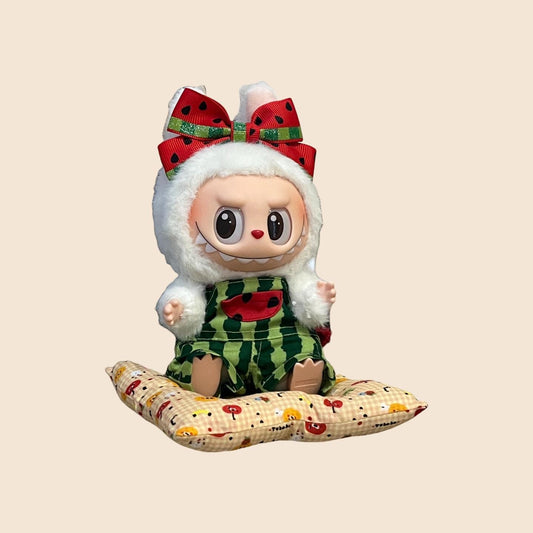 Watermelon Doll Outfit for 17cm Dolls – Summer Overalls & Bow Headband Set | Cute Fruit Clothes for Labubu