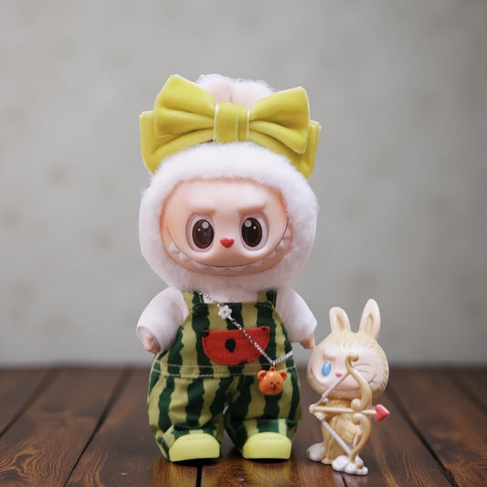 Watermelon Doll Outfit for 17cm Dolls – Summer Overalls & Bow Headband Set | Cute Fruit Clothes for Labubu