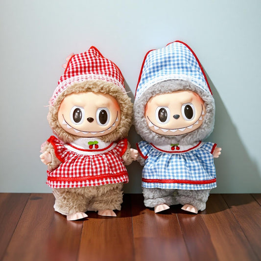 Little Red Riding Hood Style Dress Set for 17cm Labubu – Gingham Hood & Dress Outfit | Fairy Tale Doll Clothes OB11 / Plush Fit