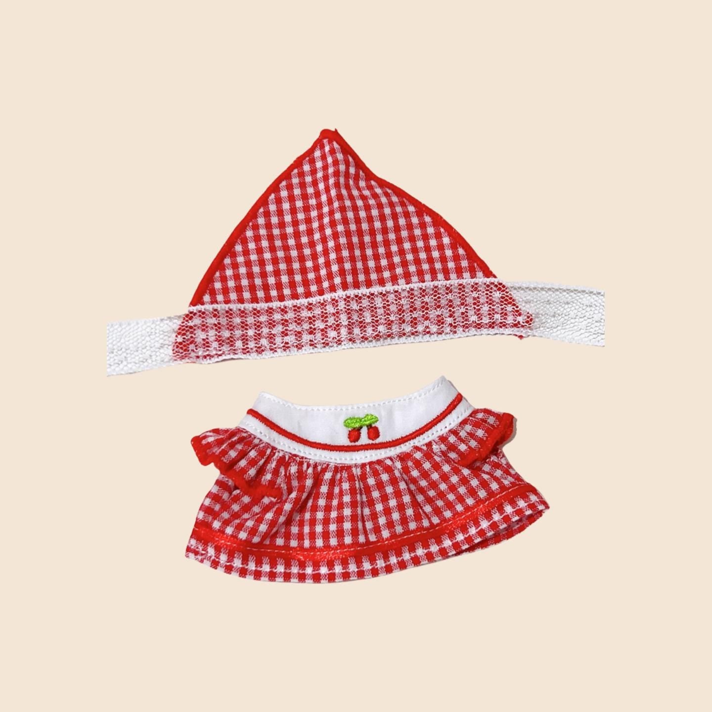 Little Red Riding Hood Style Dress Set for 17cm Labubu – Gingham Hood & Dress Outfit | Fairy Tale Doll Clothes OB11 / Plush Fit