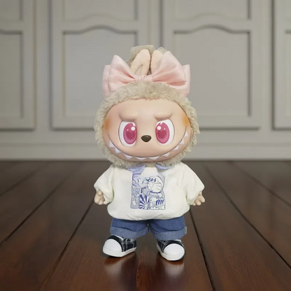 Labubu plush doll wearing a big pink bow headband – a charming accessory for 17cm and 38cm dolls, perfect for styling or gifting.