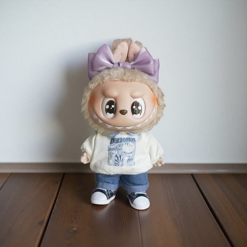 Labubu plush doll wearing a big purple bow headband – stylish doll accessory for 17cm and 38cm plush figures, perfect for photo styling or display.