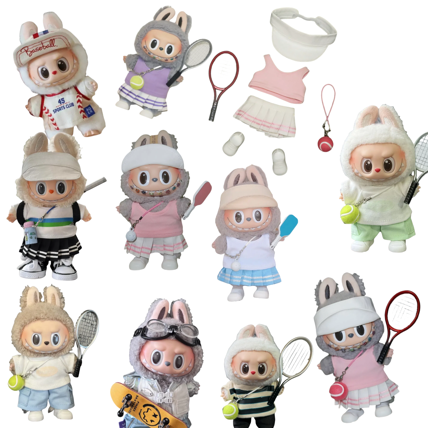 Labubu dolls in sporty style outfits including tennis skirts, rackets, visors, and baseball uniforms