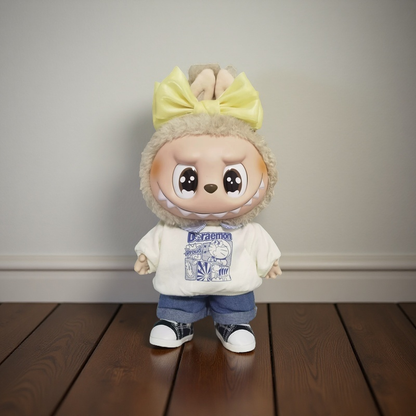 Labubu plush doll wearing a large yellow bow headband – cute accessory for 17cm and 38cm dolls, perfect for styling or display.