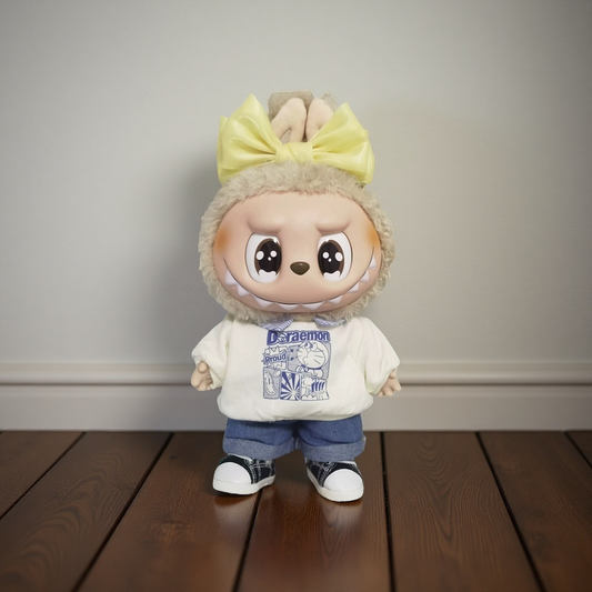 Labubu plush doll wearing a large yellow bow headband – cute accessory for 17cm and 38cm dolls, perfect for styling or display.