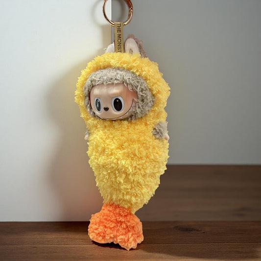 Pop Mart Labubu 17cm doll wearing handmade fried shrimp costume with fluffy yellow and orange texture. Japanese food cosplay style. Doll not included.